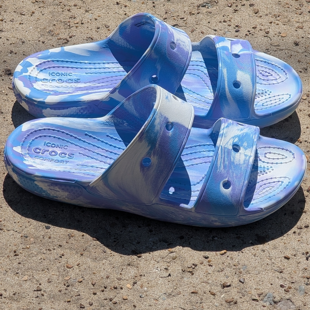 Crocs Comfort Slides, Tie-Dye, Purple Blue White, M5 W7, Like New Condition